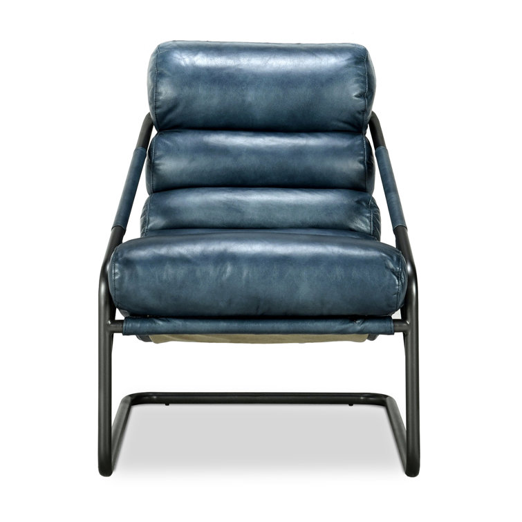 Handcrafted Blue Leather Barrel Accent Chair with Metal Frame