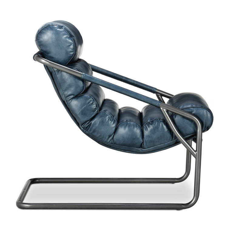 Handcrafted Blue Leather Barrel Accent Chair with Metal Frame