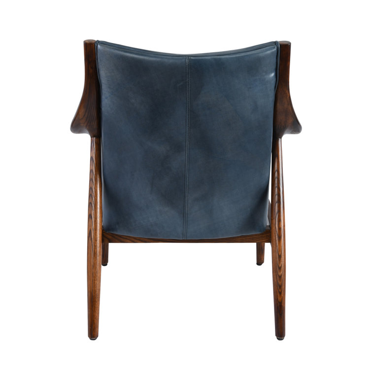 Dark Blue Genuine Leather Accent Chair with Wood Frame