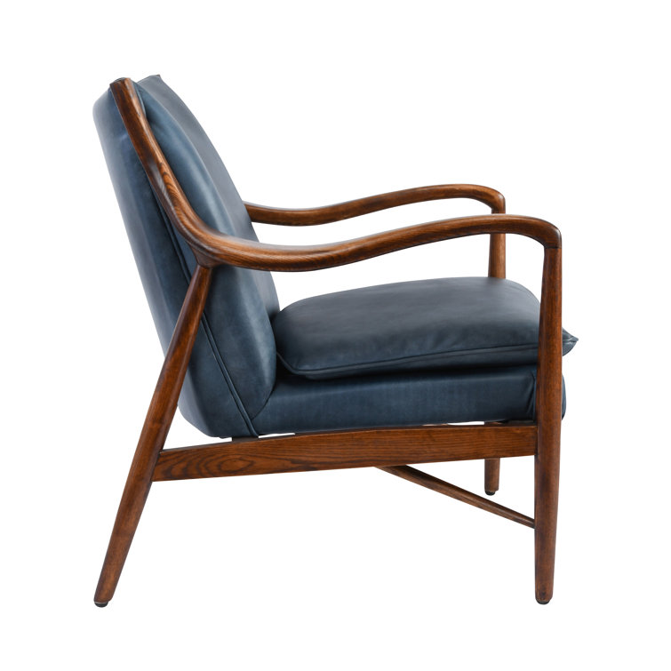 Dark Blue Genuine Leather Accent Chair with Wood Frame