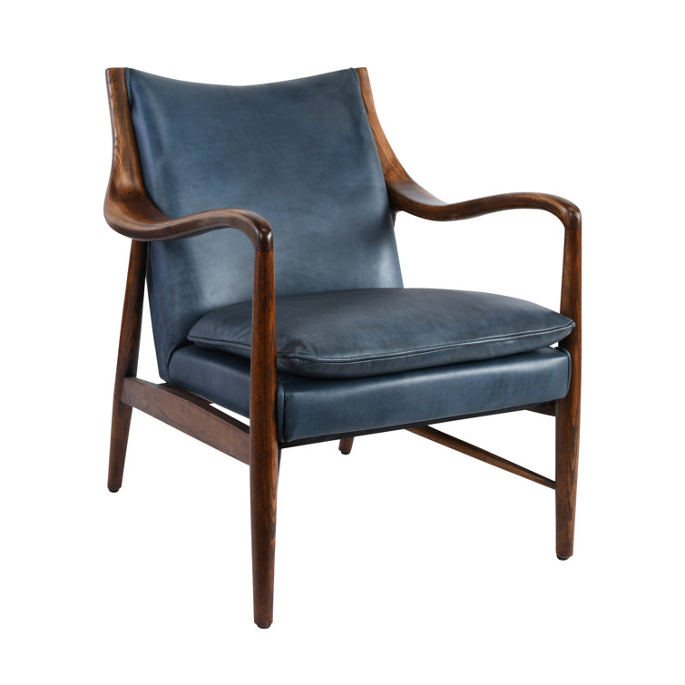 Dark Blue Genuine Leather Accent Chair with Wood Frame