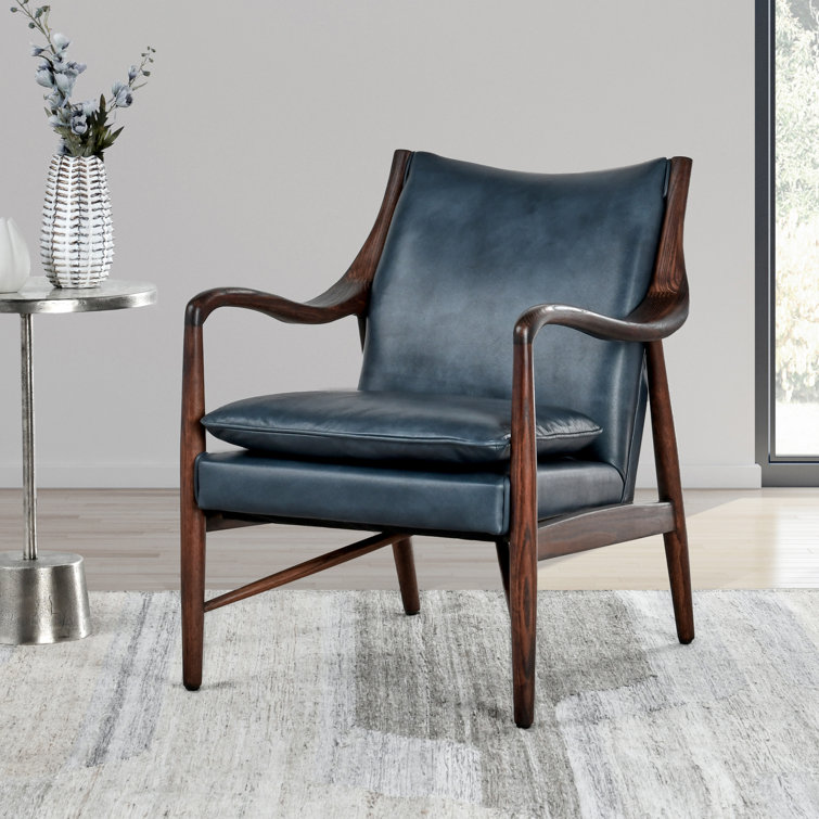 Dark Blue Genuine Leather Accent Chair with Wood Frame