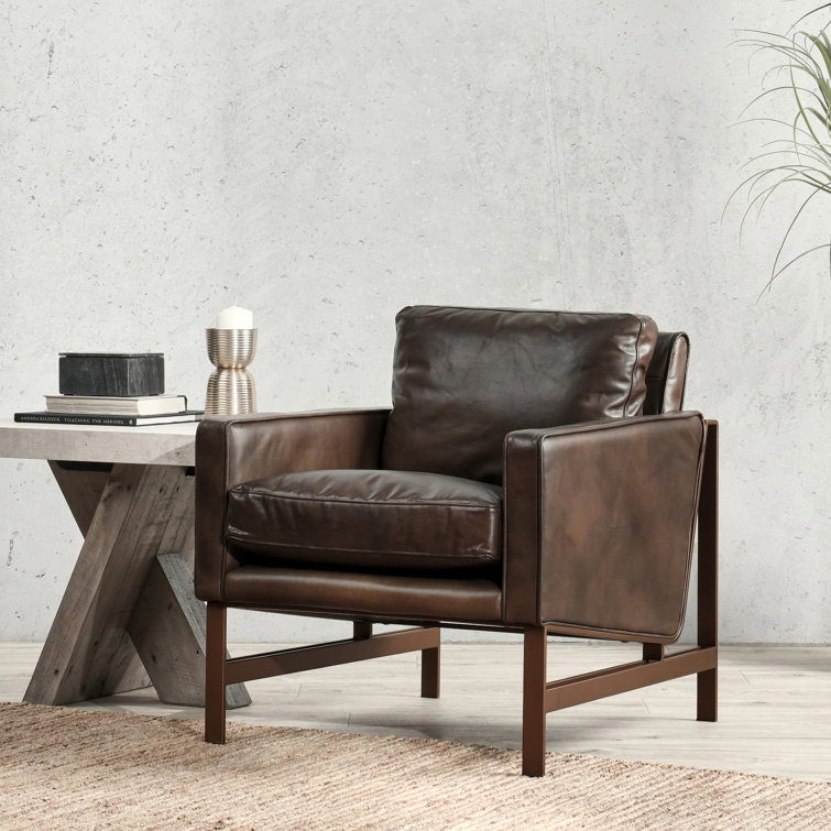 Transitional Handcrafted Leather Accent Chair with Brass Frame