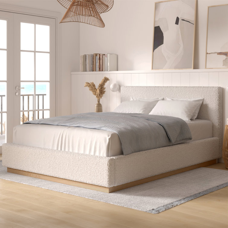 Cream Boucle Upholstered Queen Platform Bed with Wood Frame