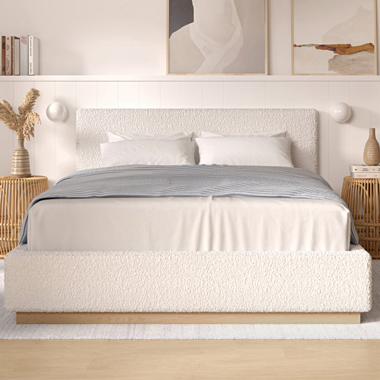 Cream Boucle Upholstered Queen Platform Bed with Wood Frame