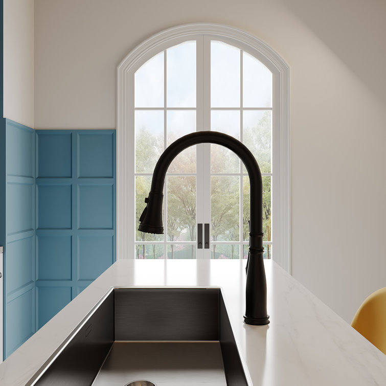 Matte Black Dual Handle Pull-Down Bridge Kitchen Faucet