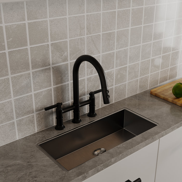 Matte Black Dual Handle Pull-Down Bridge Kitchen Faucet