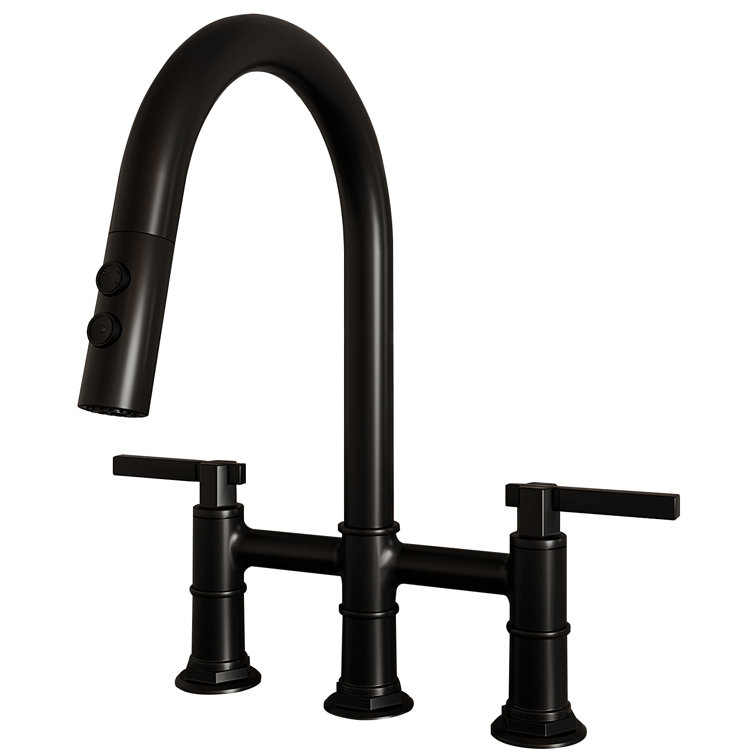 Matte Black Dual Handle Pull-Down Bridge Kitchen Faucet