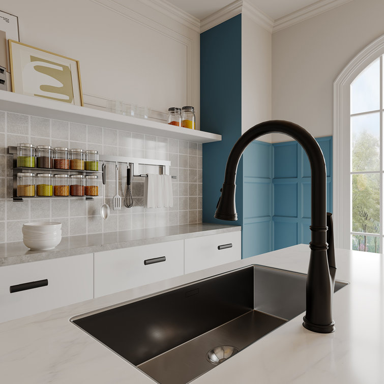 Matte Black Dual Handle Pull-Down Bridge Kitchen Faucet