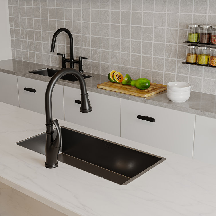 Matte Black Dual Handle Pull-Down Bridge Kitchen Faucet