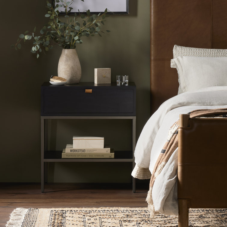 Contemporary Black 24" Modern Nightstand with Leather Pull