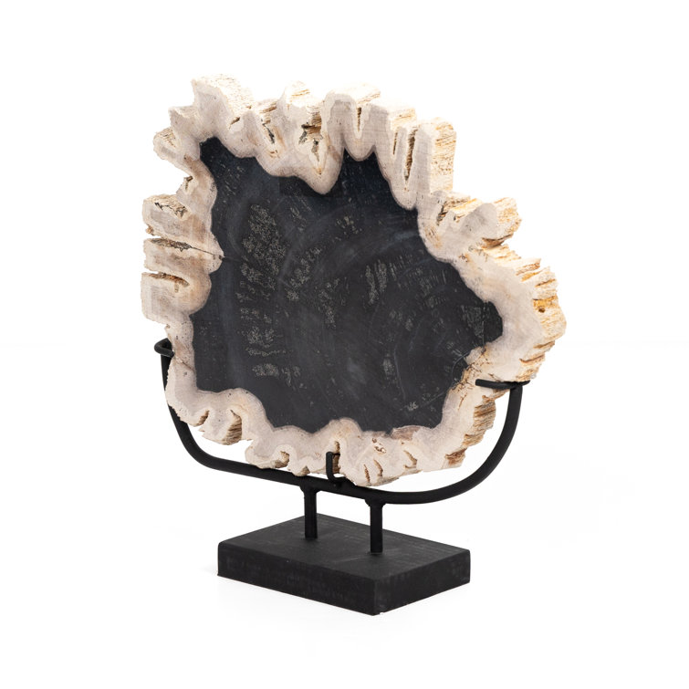 Dark Petrified Wood Sculpture with Matte Black Iron Stand
