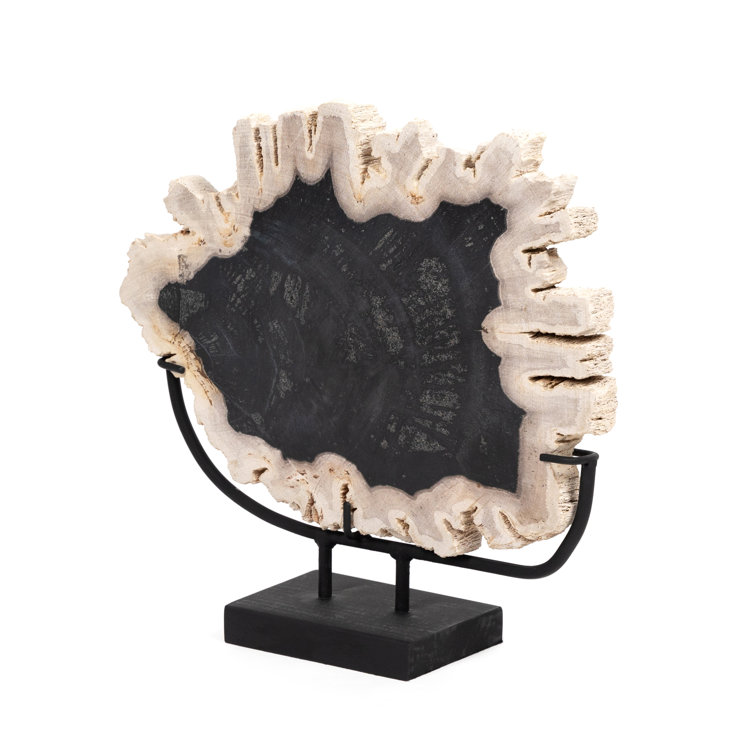 Dark Petrified Wood Sculpture with Matte Black Iron Stand