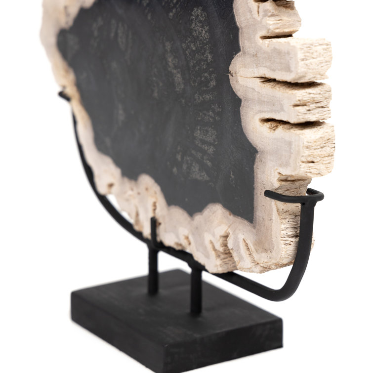 Dark Petrified Wood Sculpture with Matte Black Iron Stand