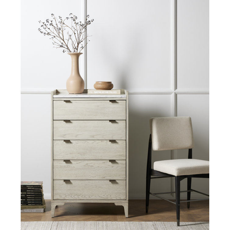 Viggo Vintage White Oak 5-Drawer Tall Dresser with Marble Accent