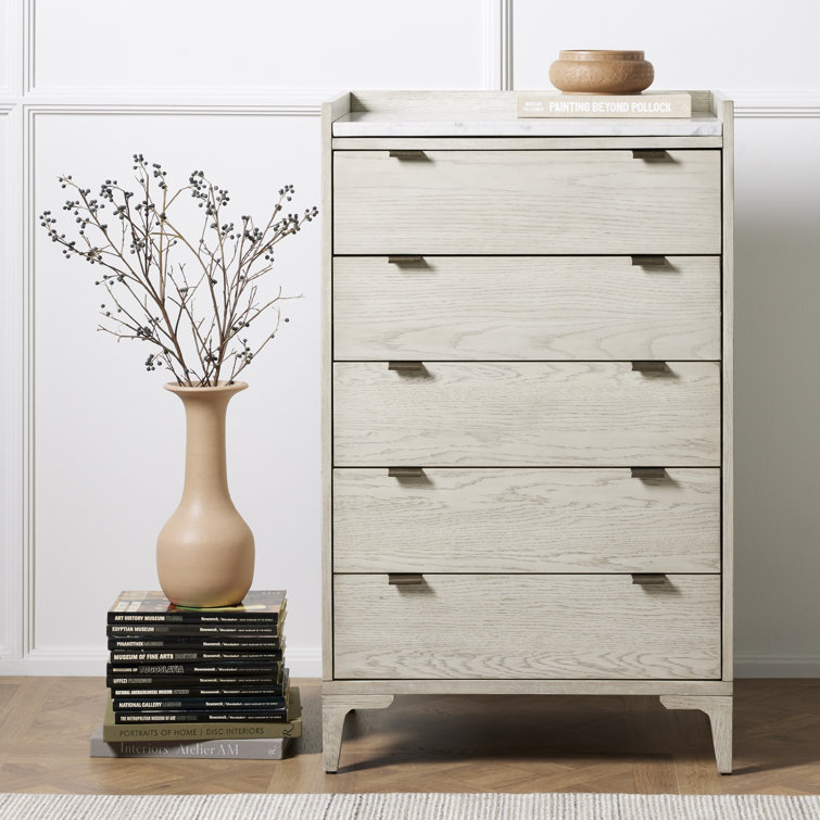 Viggo Vintage White Oak 5-Drawer Tall Dresser with Marble Accent