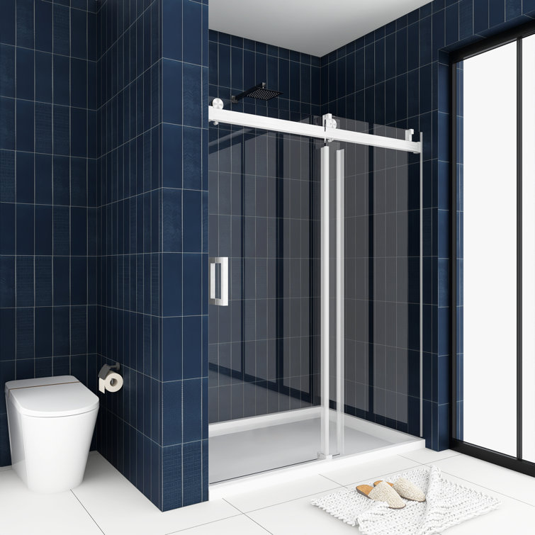 60'' W x 76'' H Brushed Nickel Frameless Sliding Shower Door with Clear Glass