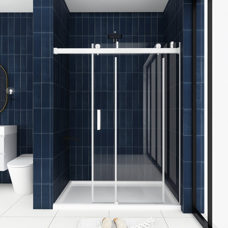 60'' W x 76'' H Brushed Nickel Frameless Sliding Shower Door with Clear Glass