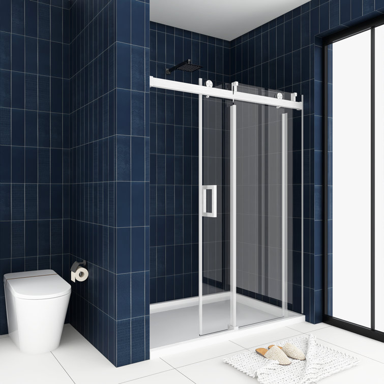 60'' W x 76'' H Brushed Nickel Frameless Sliding Shower Door with Clear Glass