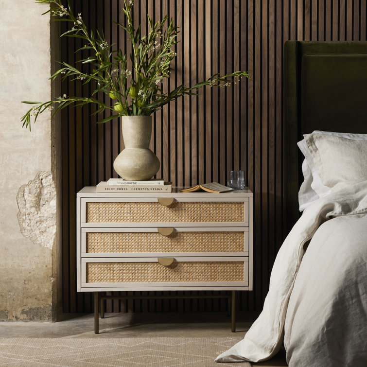 Matte Alabaster and Cane 3-Drawer Nightstand with Brass Accents