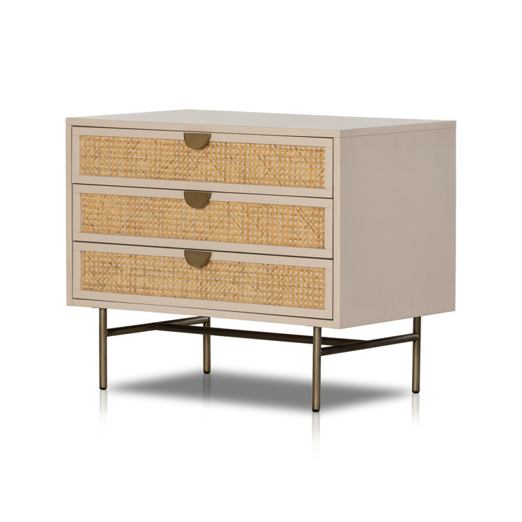 Matte Alabaster and Cane 3-Drawer Nightstand with Brass Accents