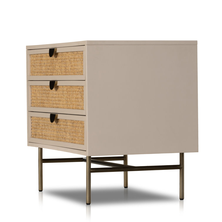 Matte Alabaster and Cane 3-Drawer Nightstand with Brass Accents