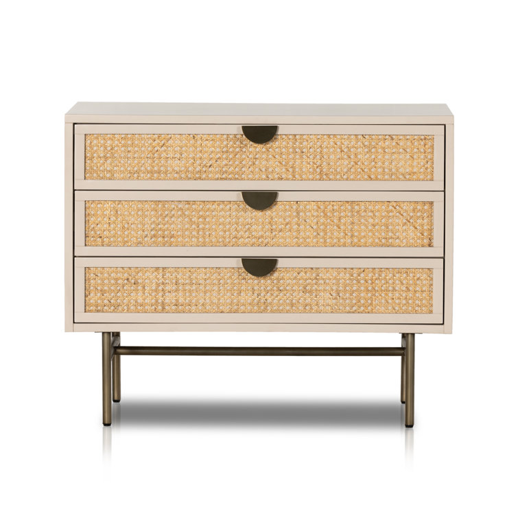 Matte Alabaster and Cane 3-Drawer Nightstand with Brass Accents
