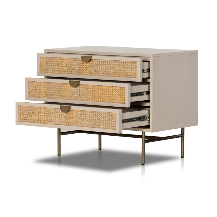 Matte Alabaster and Cane 3-Drawer Nightstand with Brass Accents
