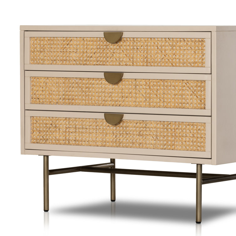 Matte Alabaster and Cane 3-Drawer Nightstand with Brass Accents