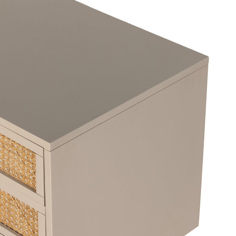 Matte Alabaster and Cane 3-Drawer Nightstand with Brass Accents