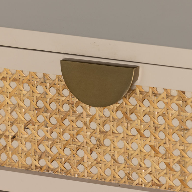 Matte Alabaster and Cane 3-Drawer Nightstand with Brass Accents