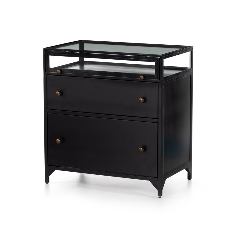 Belmont Matte Black Iron 2-Drawer Nightstand with Glass Enclosure