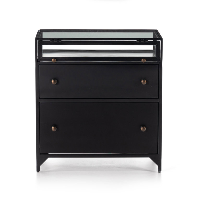 Belmont Matte Black Iron 2-Drawer Nightstand with Glass Enclosure