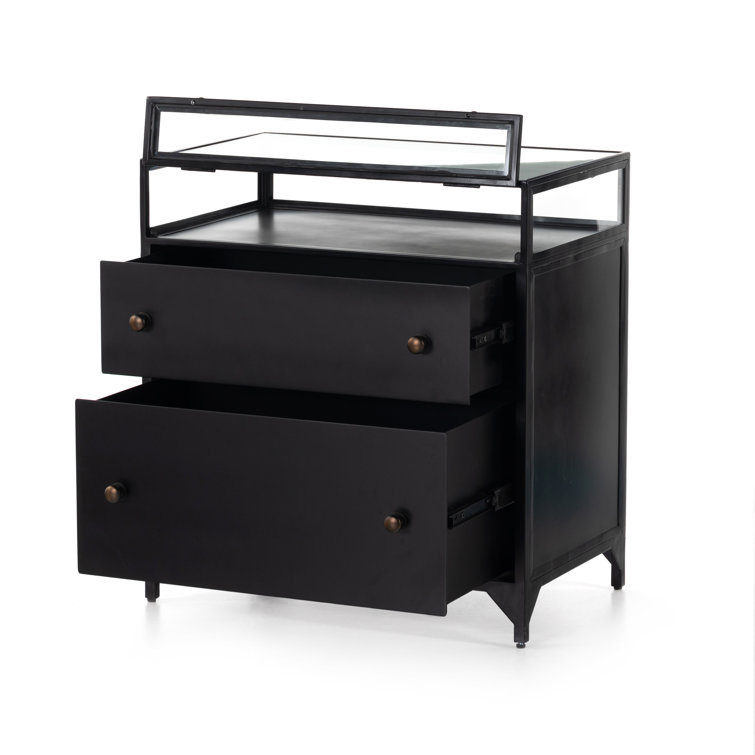 Belmont Matte Black Iron 2-Drawer Nightstand with Glass Enclosure