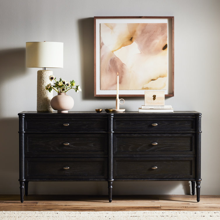 Distressed Black Oak 6-Drawer Dresser with Brass Pulls