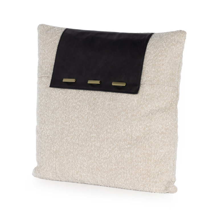 Cream Boucle and Black Leather Square Throw Pillow Set