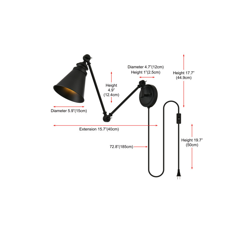 Black Iron Plug-In Swing Arm Sconce with Cone Shade