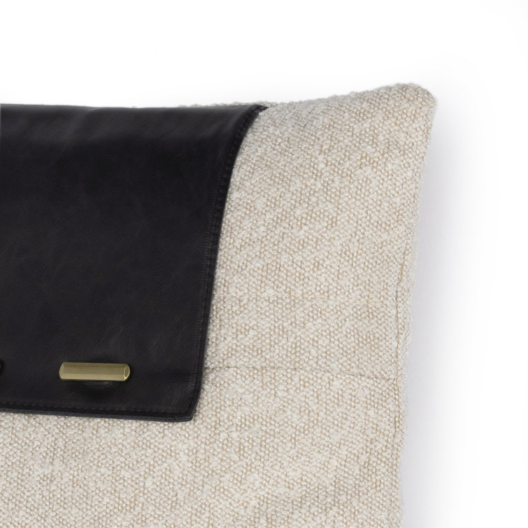 Cream Boucle and Black Leather Square Throw Pillow Set