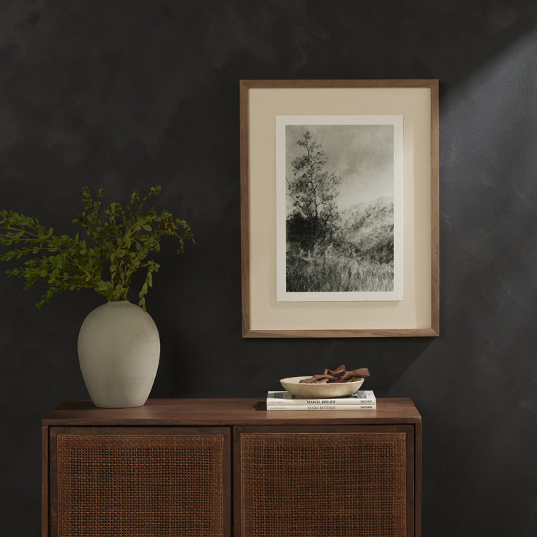 Vertical Black and White Landscape Art with Walnut Frame
