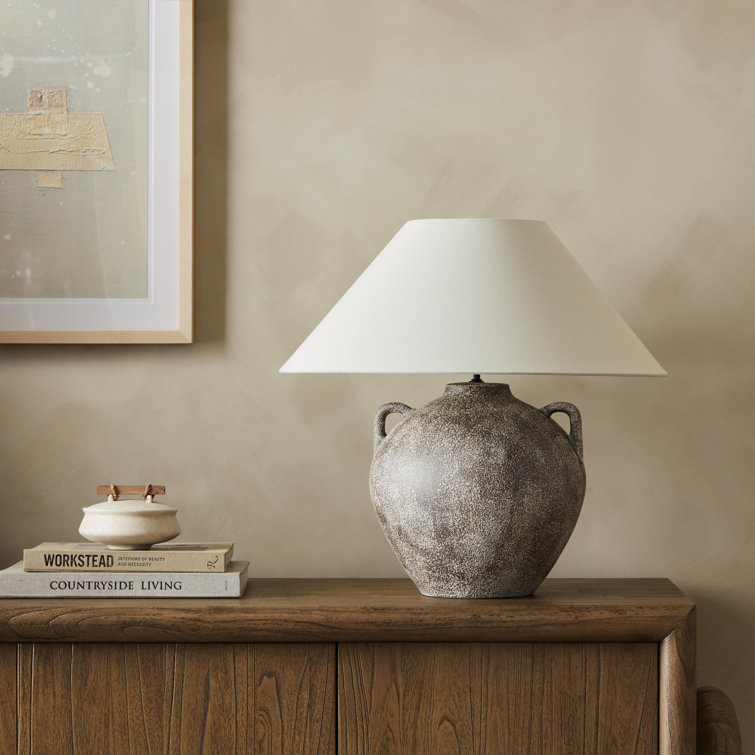 Rustic Brown Ceramic Table Lamp with Linen Shade