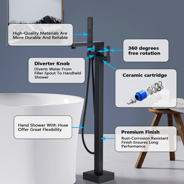 Matte Black Stainless Steel Freestanding Tub Filler with Hand Shower