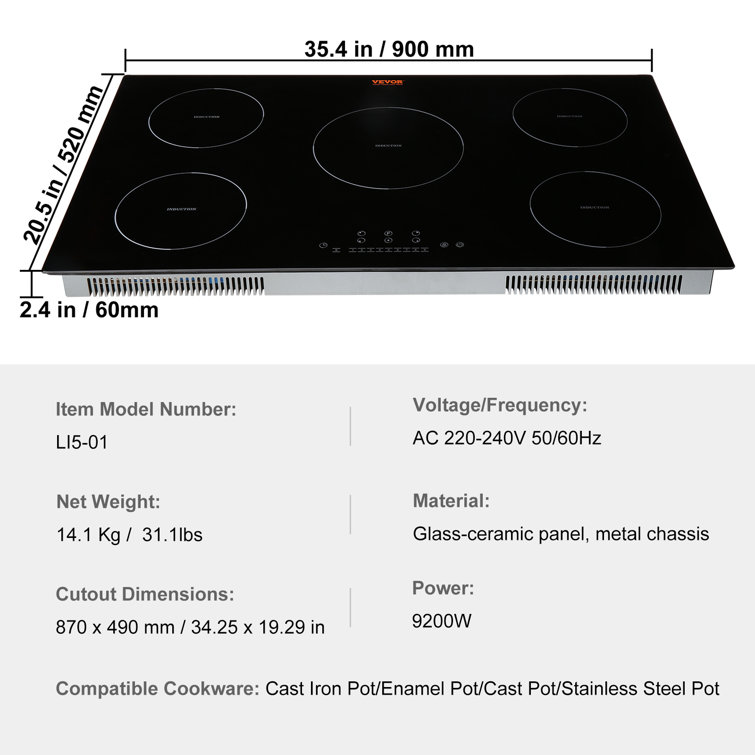 VEVOR 36" Black Ceramic 5 Burner Induction Cooktop