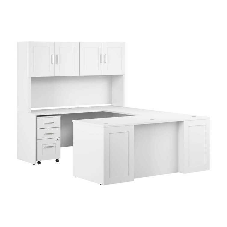 Hampton Heights White U-Shaped Desk with Hutch and File Cabinet