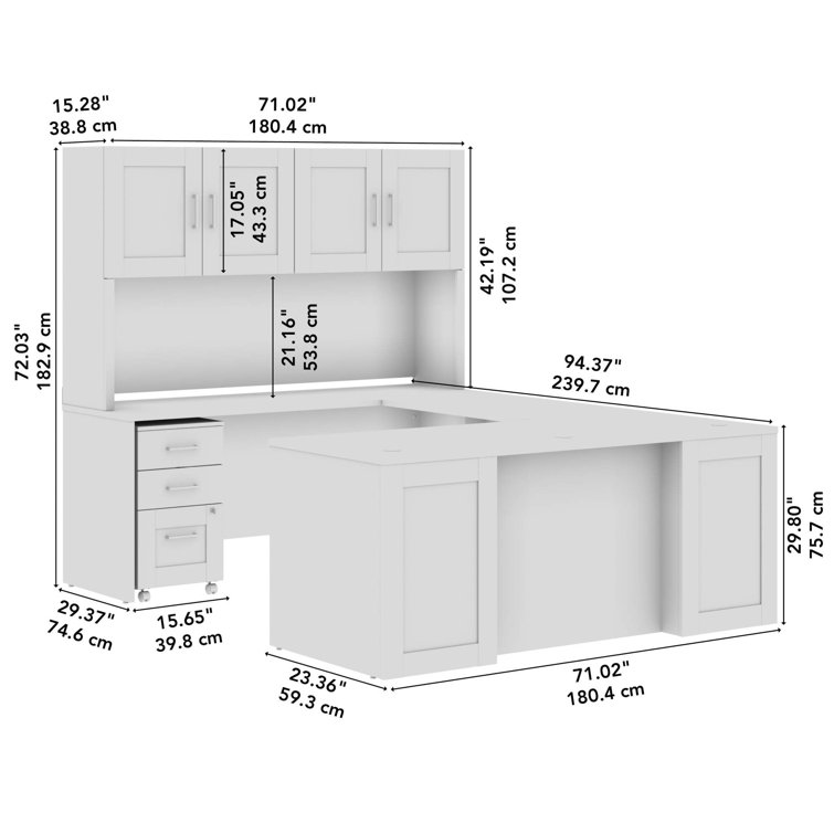 Hampton Heights White U-Shaped Desk with Hutch and File Cabinet