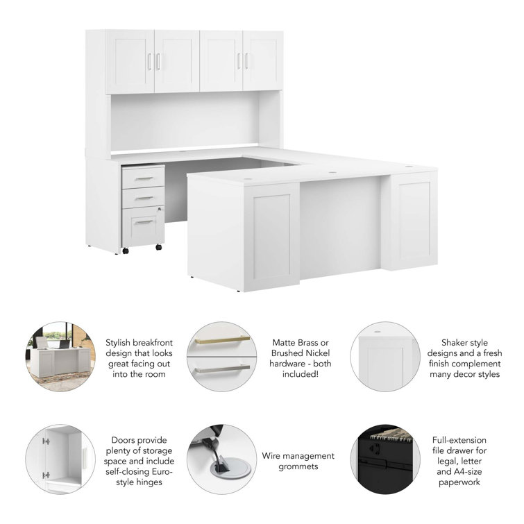 Hampton Heights White U-Shaped Desk with Hutch and File Cabinet