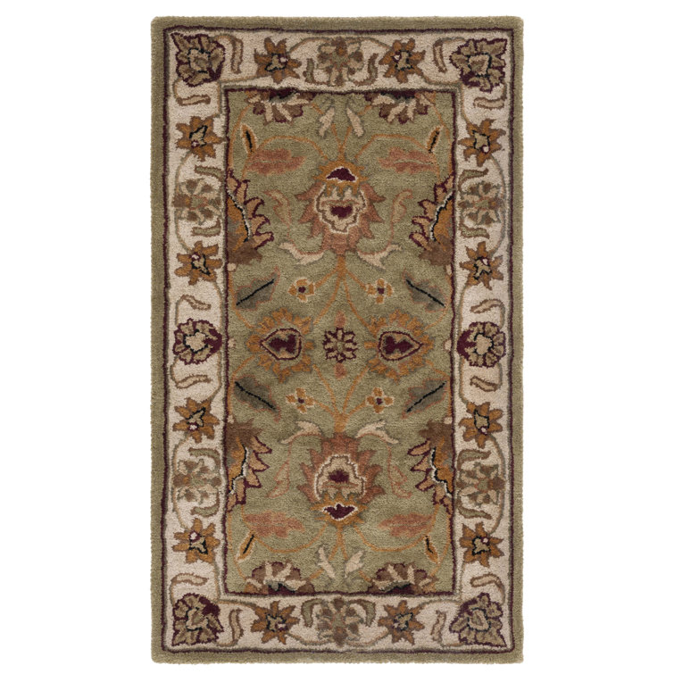 Ivory and Green Hand-Tufted Wool High Pile Area Rug