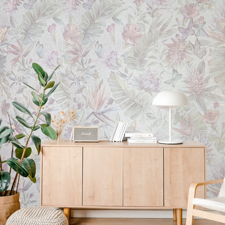Philipp Plein Pastel Pink and Green Floral 3D Vinyl Wallpaper