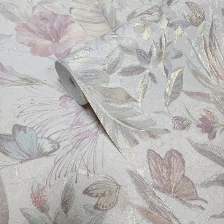 Philipp Plein Pastel Pink and Green Floral 3D Vinyl Wallpaper