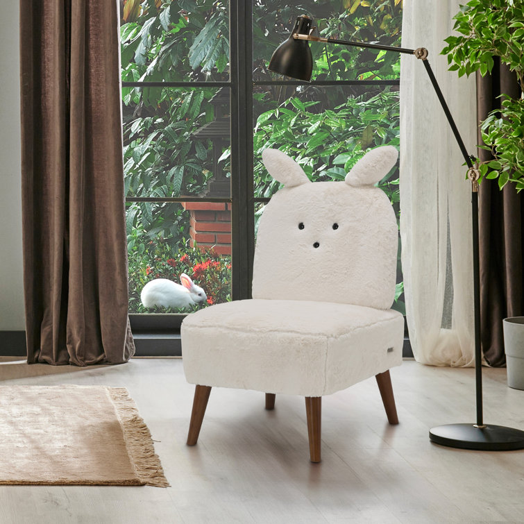 Transitional Beige Bunny Accent Chair with Wooden Legs