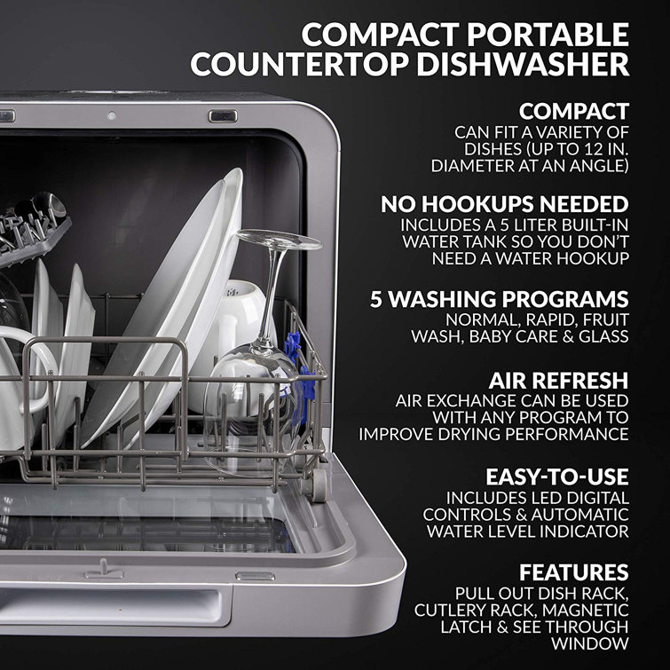 Compact White Portable Countertop Dishwasher with Built-In Water Tank
